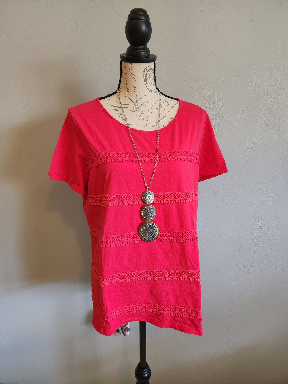 Talbots Red Short Sleeve Tee with Lace Trim